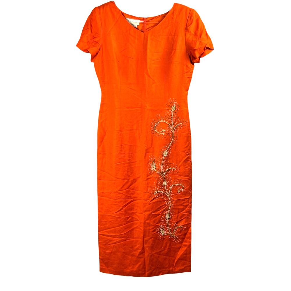 D. Morgan Orange Beaded Linen Blend Midi Dress Size 12